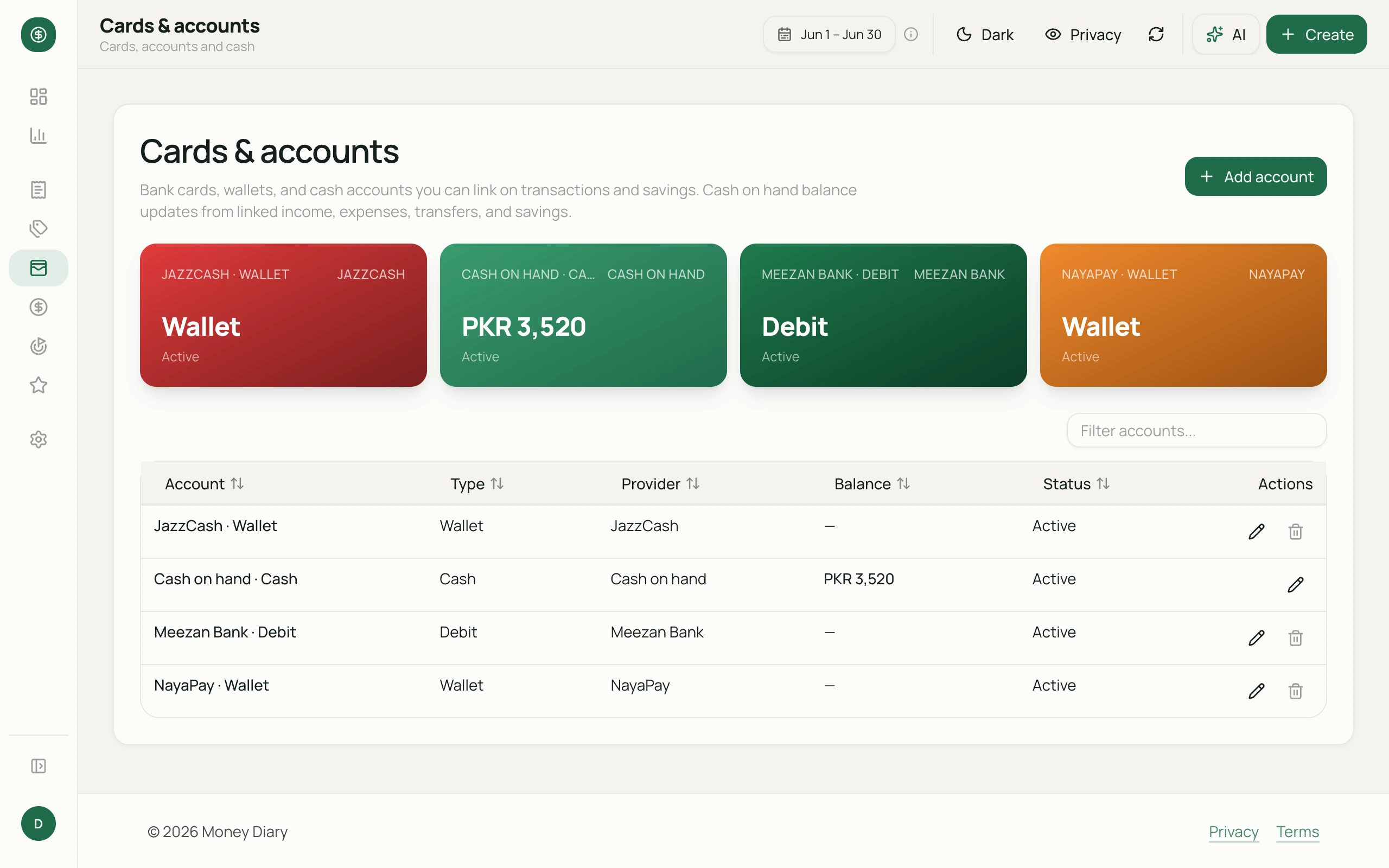 Money Diary Cards & accounts on desktop — demo screenshot