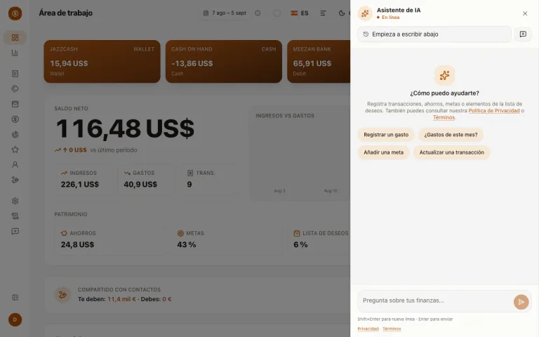 Asistente de IA de Money Diary — captura de pantalla de demostración