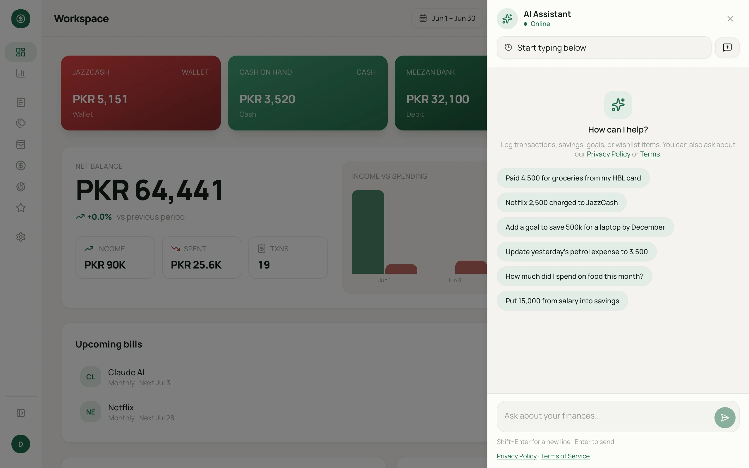 Money Diary AI assistant on desktop — demo screenshot