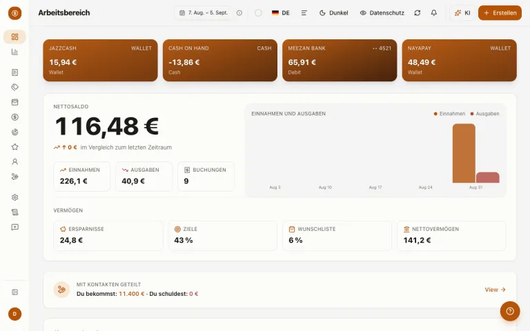 Money Diary Dashboard im aktiven Design — Salden, Ausgaben und anstehende Rechnungen auf einen Blick