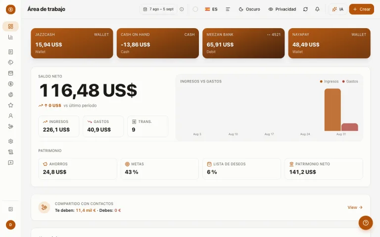 Panel de Money Diary con el tema activo — saldos, gastos y próximas facturas de un vistazo