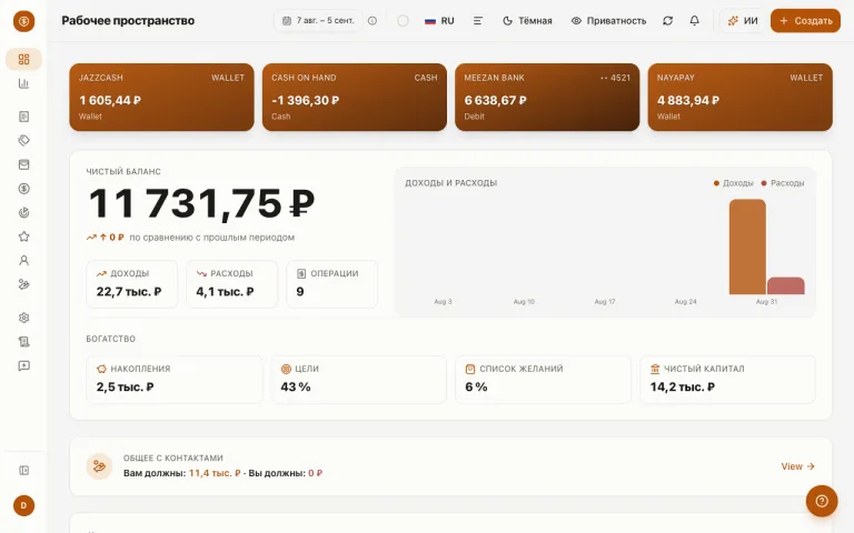 Дашборд Money Diary в активной теме — балансы, расходы и предстоящие счета с первого взгляда