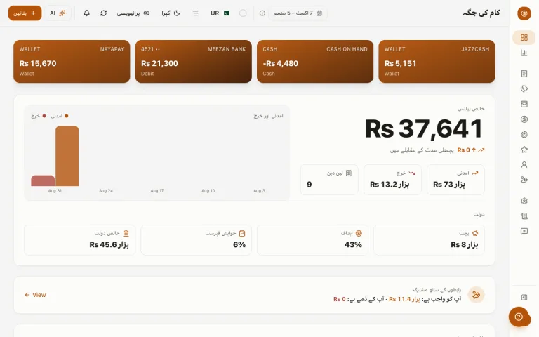 Money Diary ڈیش بورڈ فعال تھیم کے ساتھ — بیلنس، خرچ اور آنے والے بل ایک نظر میں