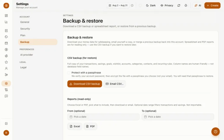 Settings backup page showing CSV backup and restore options