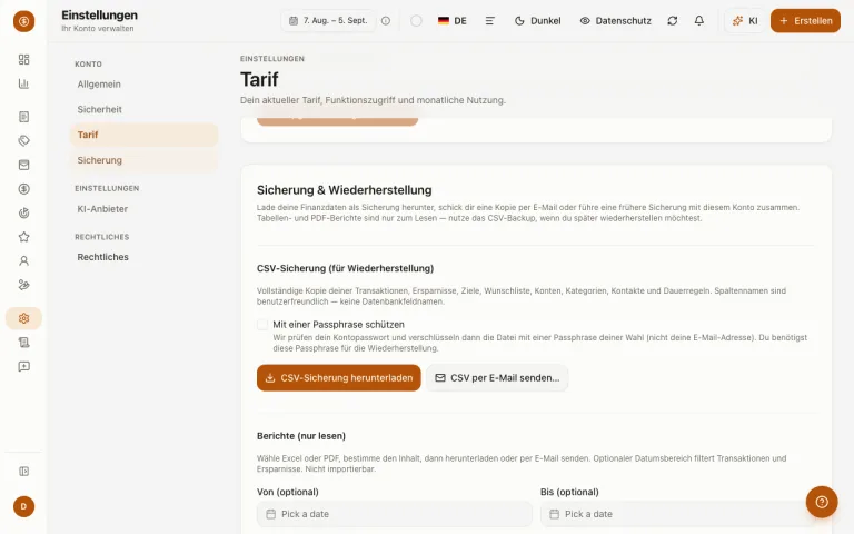 Einstellungsseite für Sicherungen mit CSV-Backup- und Wiederherstellungsoptionen