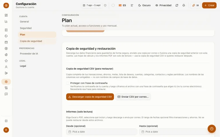 Página de copia de seguridad en ajustes con opciones de copia de seguridad CSV y restauración