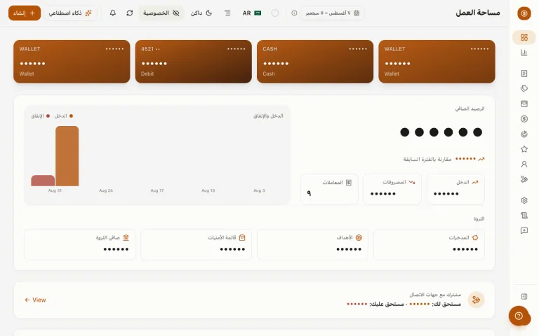 لوحة Money Diary مع تفعيل وضع الخصوصية — الأرصدة مخفية