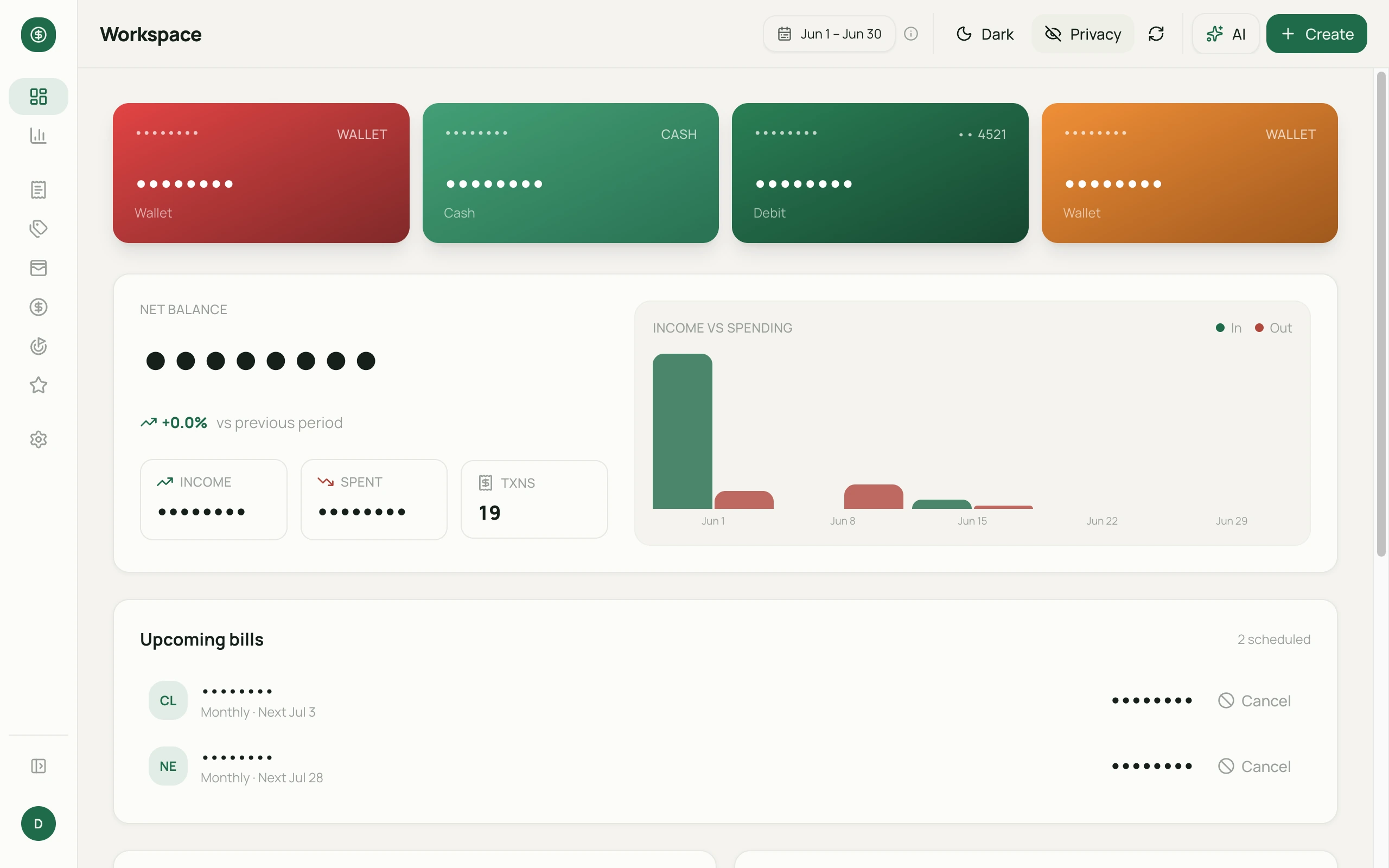 Money Diary Privacy mode on desktop — demo screenshot