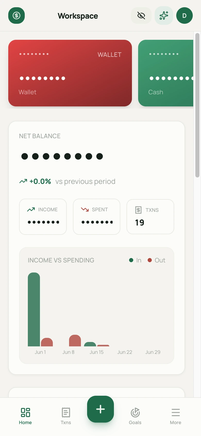 Money Diary on mobile with privacy mode — balances masked