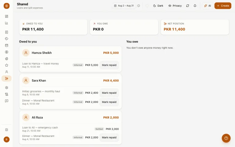 Shared expenses page showing net positions and split balances between contacts