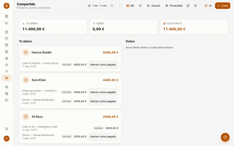 Página de gastos compartidos con posiciones netas y saldos entre contactos