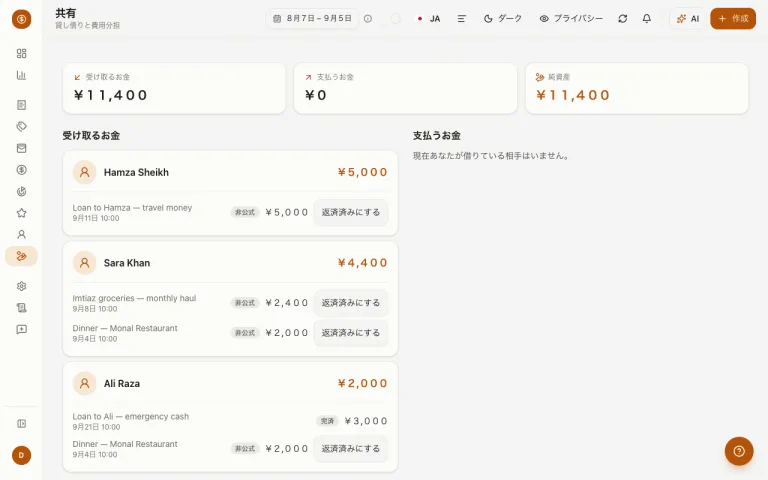 連絡先間の純残高と分担金を表示した共有支出ページ