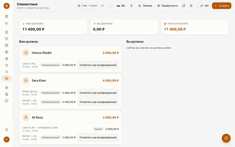 Страница совместных расходов с чистыми позициями и балансами между контактами