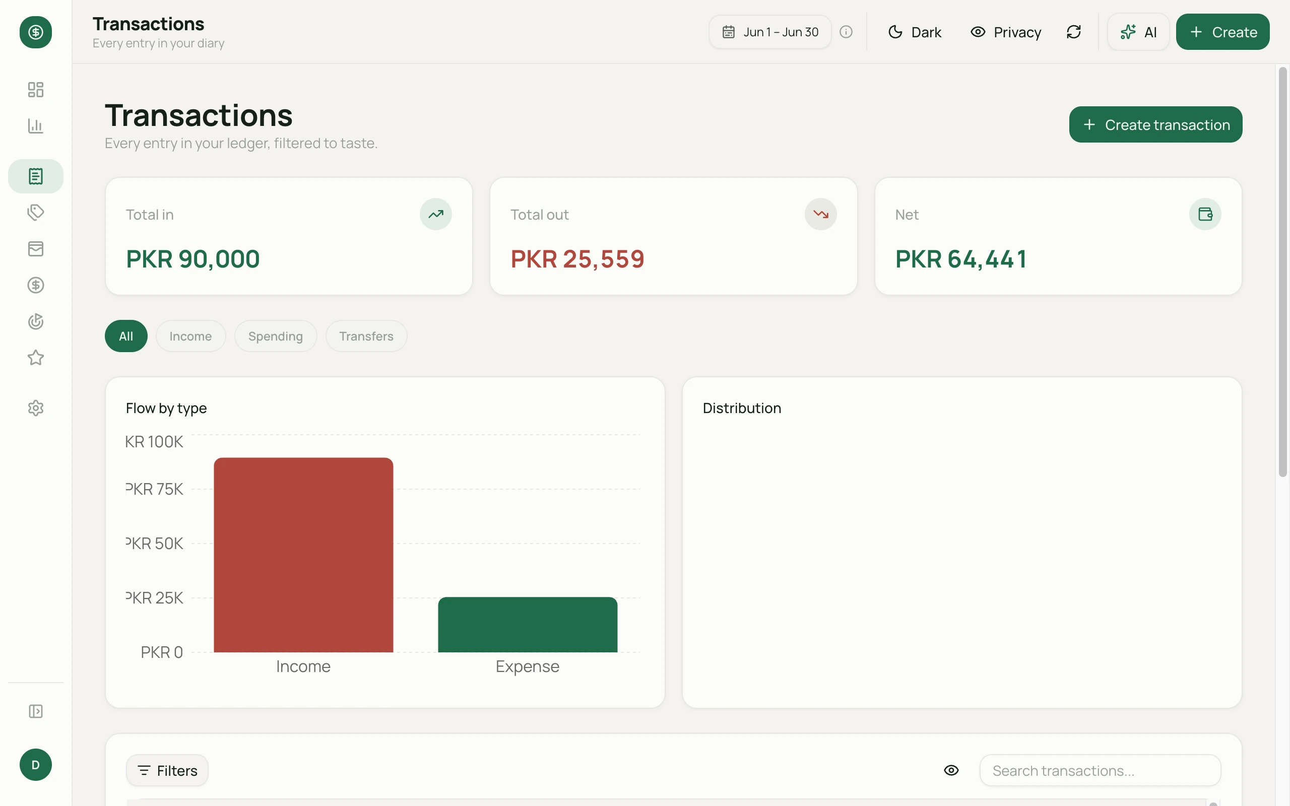 Money Diary Transactions on desktop — demo screenshot